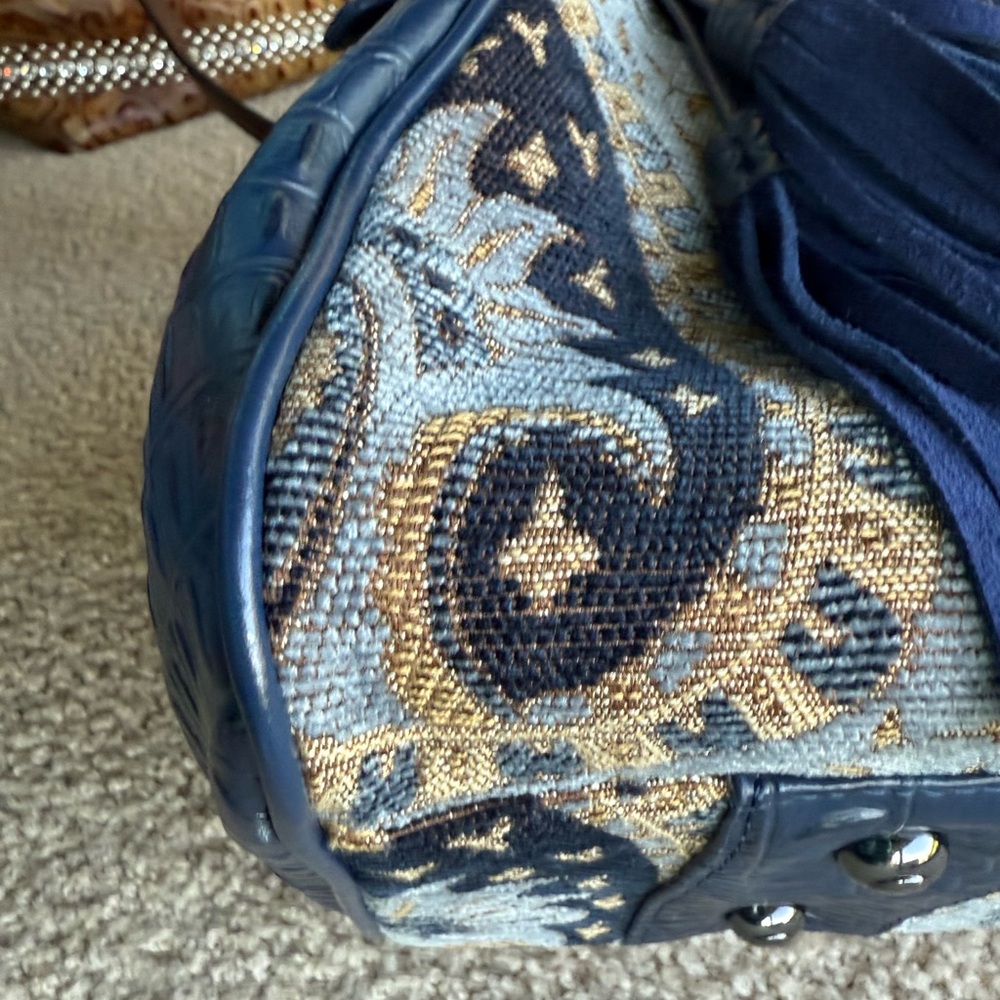 NWOT SHARIF 1827 Blue Tapestry Tote Satchel Handbag Croc Embossed Vintage - Picture 10 of 16